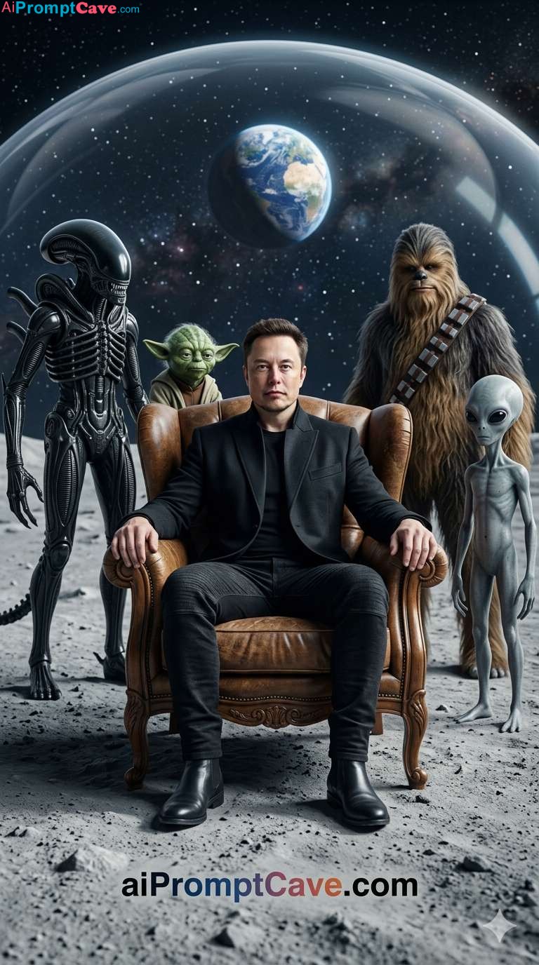 Elon Musk on Moon with Aliens - Sci Fi Scene - Free Ai Prompt