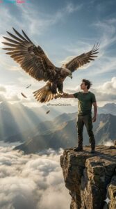 Epic Cinematic Cliff Scene with Giant Eagle Landing on Hero’s Arm - Free Ai Prompt
