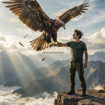 Epic Cinematic Cliff Scene with Giant Eagle Landing on Hero’s Arm - Free Ai Prompt