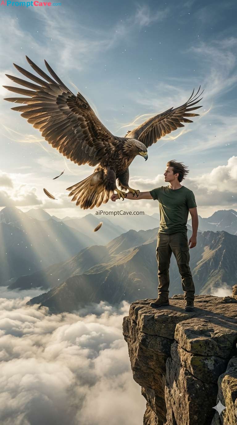 Epic Cinematic Cliff Scene with Giant Eagle Landing on Hero’s Arm - Free Ai Prompt