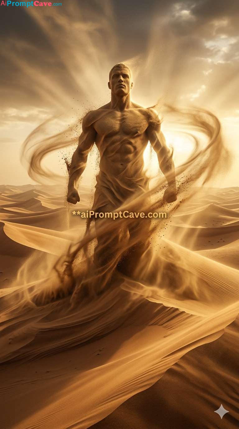 Epic Desert Sandstorm Warrior Forming From Dunes Cinematic Scene - Free Ai Image Prompt