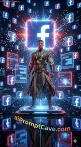 Ancient Hero in Cyber Facebook Digital Universe - Free Ai Prompt Epic ancient hero on digital platform with floating holographic logos, neon cyberpunk energy, and cinematic 916 detail.