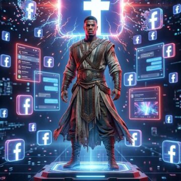 Epic ancient hero on digital platform with floating holographic logos, neon cyberpunk energy, and cinematic 916 detail.