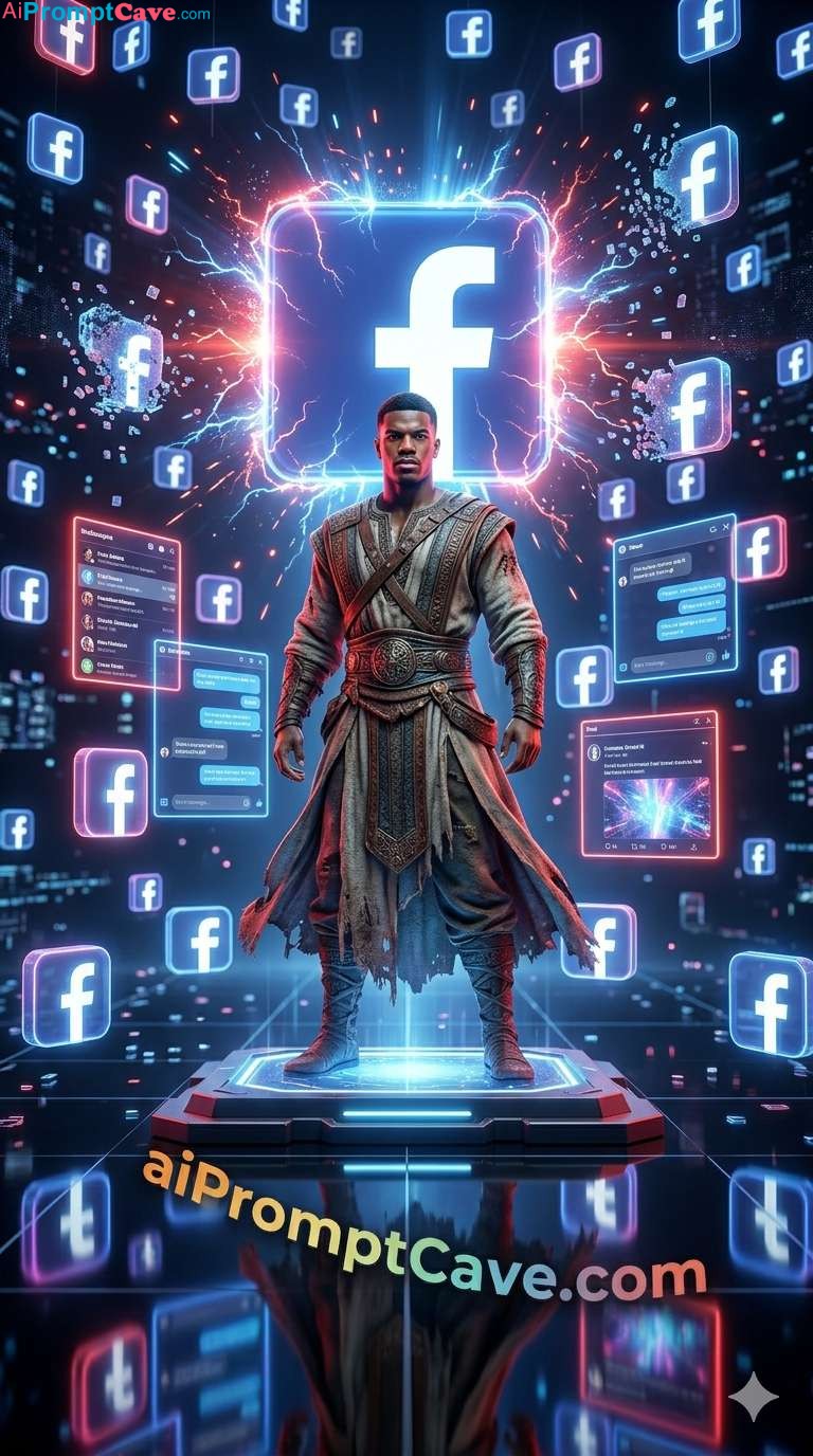 Ancient Hero in Cyber Facebook Digital Universe – Free Ai Prompt Epic ancient hero on digital platform with floating holographic logos, neon cyberpunk energy, and cinematic 916 detail.