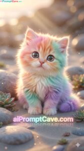 Fantasy Cute Rainbow Kitten Sunset Beach 3D - Free Ai Image Prompt
