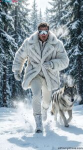 Fashion Shot : Man Running With Wolf Winter - Free Ai Prompt Fashion Shot Man Running With Wolf Winter - Free Ai Prompt