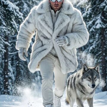 Fashion Shot Man Running With Wolf Winter - Free Ai Prompt