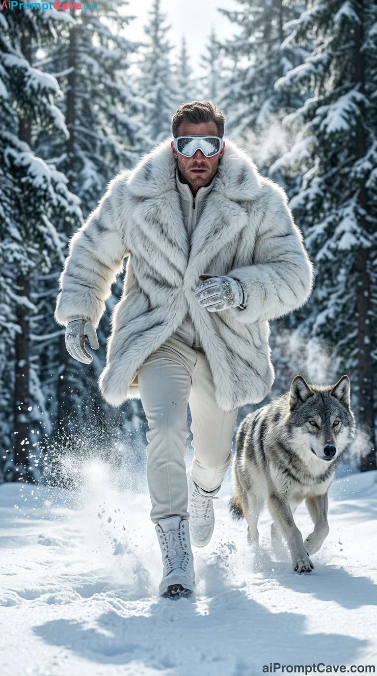 Fashion Shot : Man Running With Wolf Winter – Free Ai Prompt Fashion Shot Man Running With Wolf Winter - Free Ai Prompt