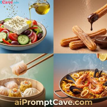 Fresh Greek Salad (Horiatiki) - Mexican Churros with Chocolate - Spanish Seafood Paella - Free Ai Prompt