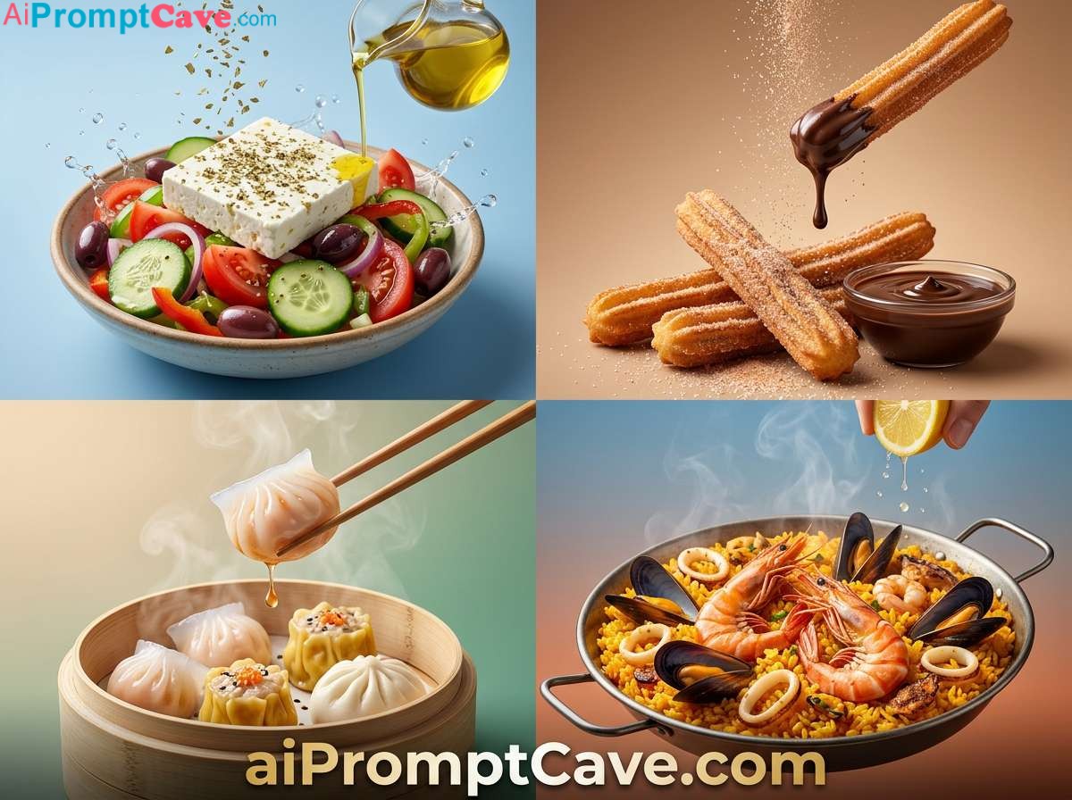 Fresh Greek Salad (Horiatiki) - Mexican Churros with Chocolate - Spanish Seafood Paella - Free Ai Prompt
