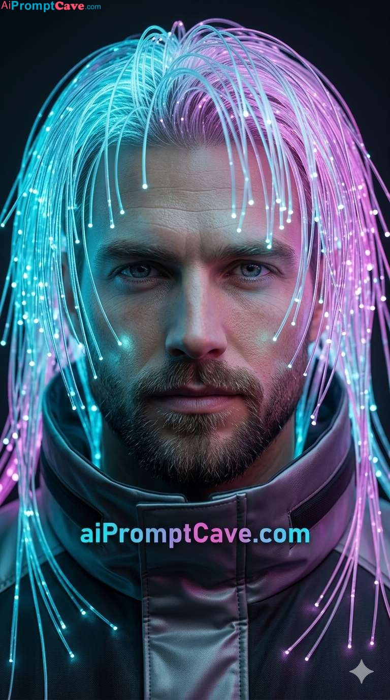 Futuristic Fiber Optic Hair Man Portrait – Free Ai Prompt Futuristic Fiber Optic Hair Man Portrait - Free Ai Prompt