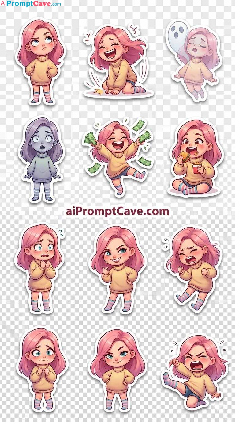 Ghibli Style Chibi Emoji Pack 9 Expressions Grid Sticker Set - Free Ai Image Prompt