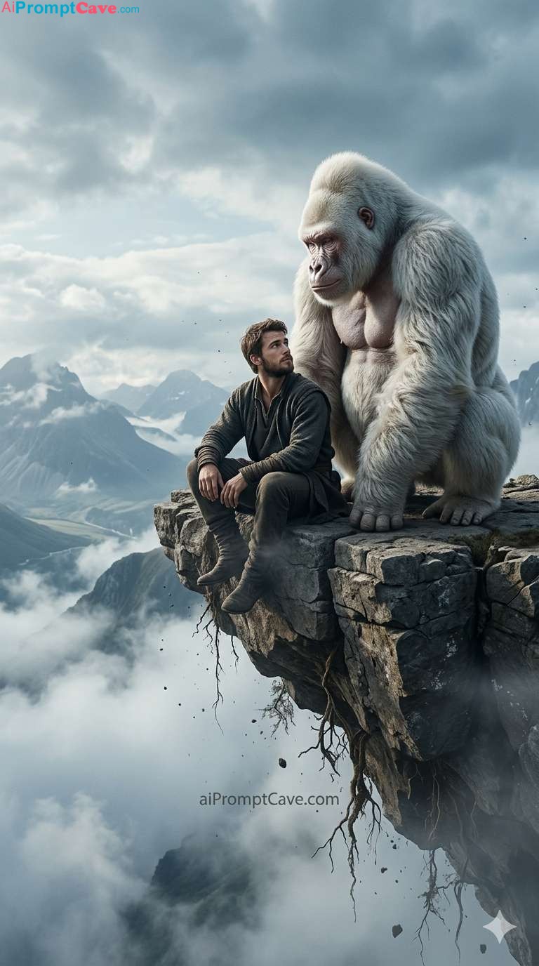 Giant Gorilla & Man Fantasy Cinematic Scene - Free Ai Image Prompt