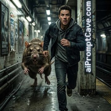 Giant Realistic Rat Chasing Man in Subway Cinematic Scene - Free Ai Prompt