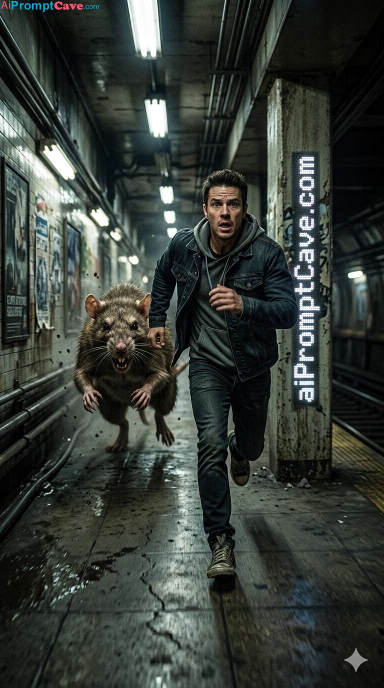 Giant Realistic Rat Chasing Man in Subway Cinematic Scene - Free Ai Prompt