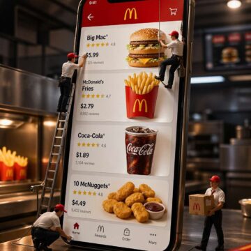 Giant Smartphone Restaurant App Menu Scene With Mini Workers - Free Ai Prompt