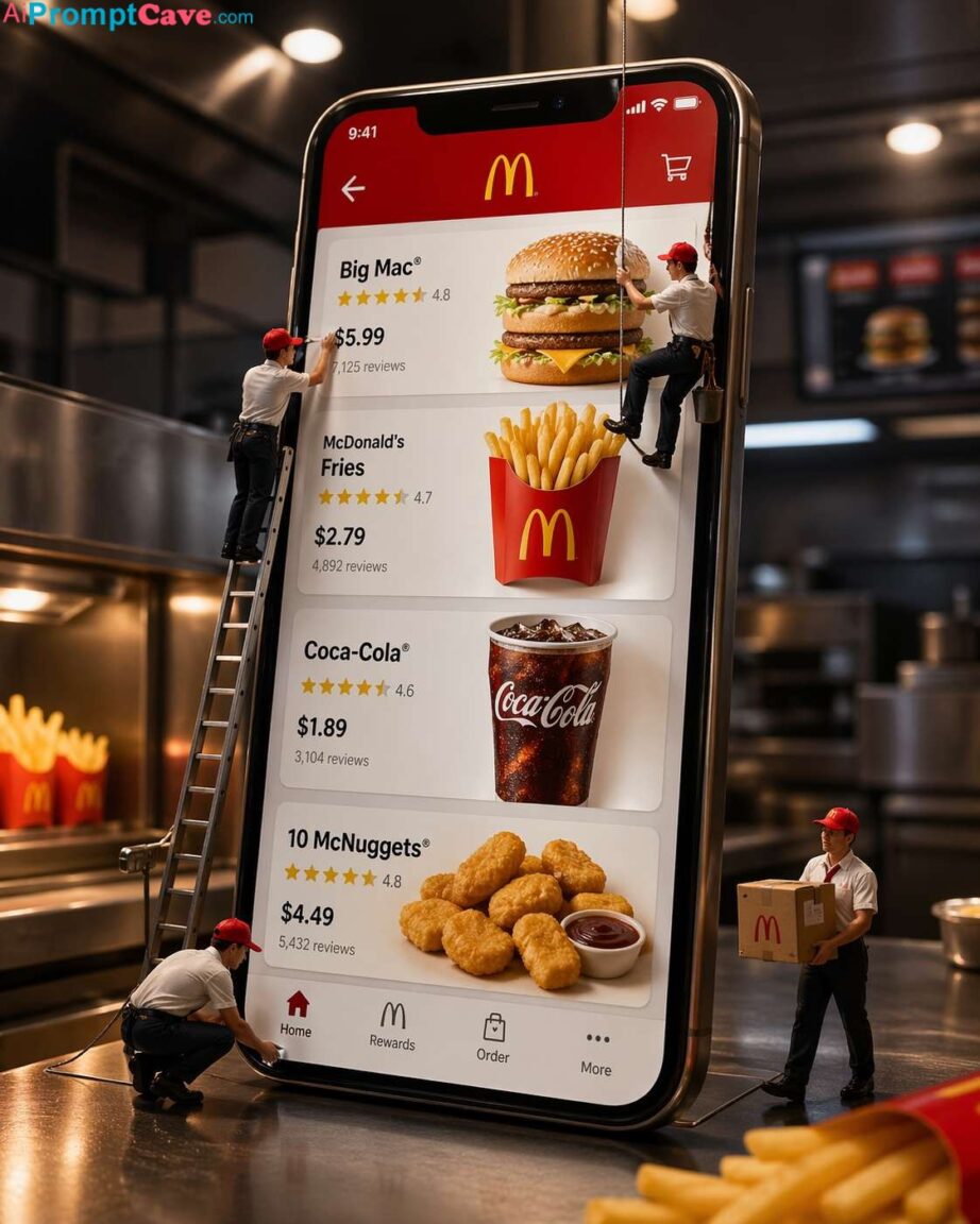 Giant Smartphone Restaurant App Menu Scene With Mini Workers - Free Ai Prompt