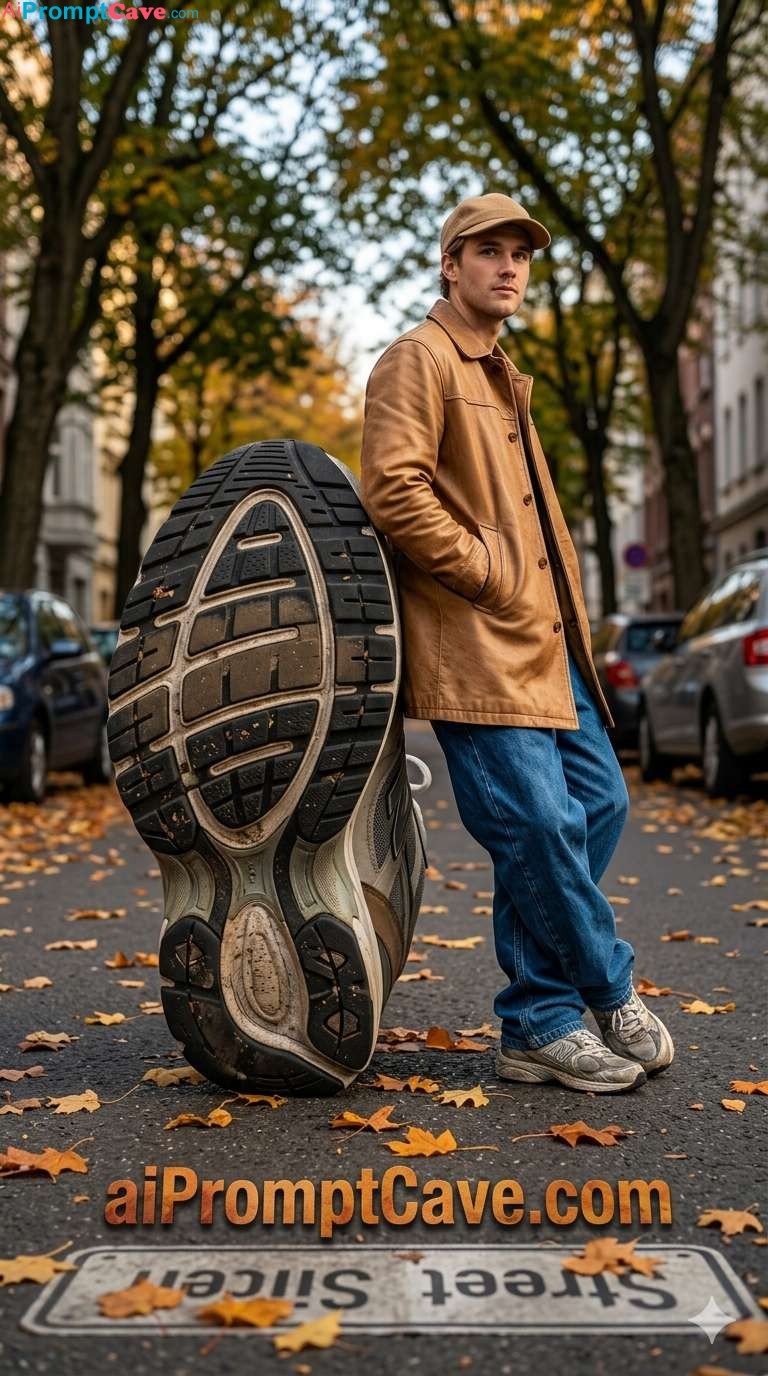 Giant Sneaker Forced Perspective Fashion Street Scene - Free Ai Prompt