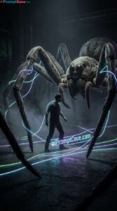 Giant Spider Surrounding Man Cinematic Neon Scene - Free Ai Image Prompt