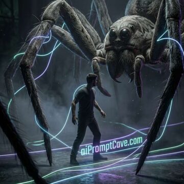Giant Spider Surrounding Man Cinematic Neon Scene - Free Ai Image Prompt