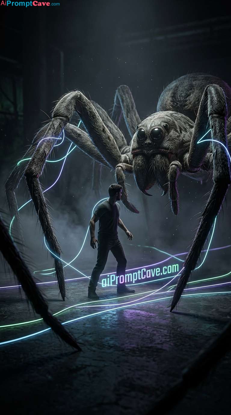 Giant Spider Surrounding Man Cinematic Neon Scene - Free Ai Image Prompt