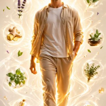 Glowing Liquid Light Male Figure With Floating Herbal Symbols Cinematic Portrait - Free Ai Image Prompt