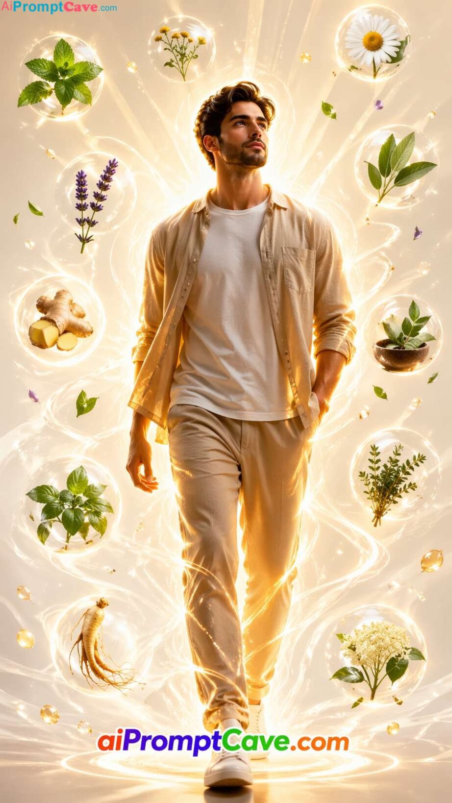 Glowing Liquid Light Male Figure With Floating Herbal Symbols Cinematic Portrait - Free Ai Image Prompt