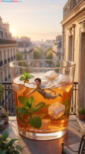 How to Be a Tiny Prince Swimming in Giant Tea in Paris Balcony - Using Free Ai Prompt