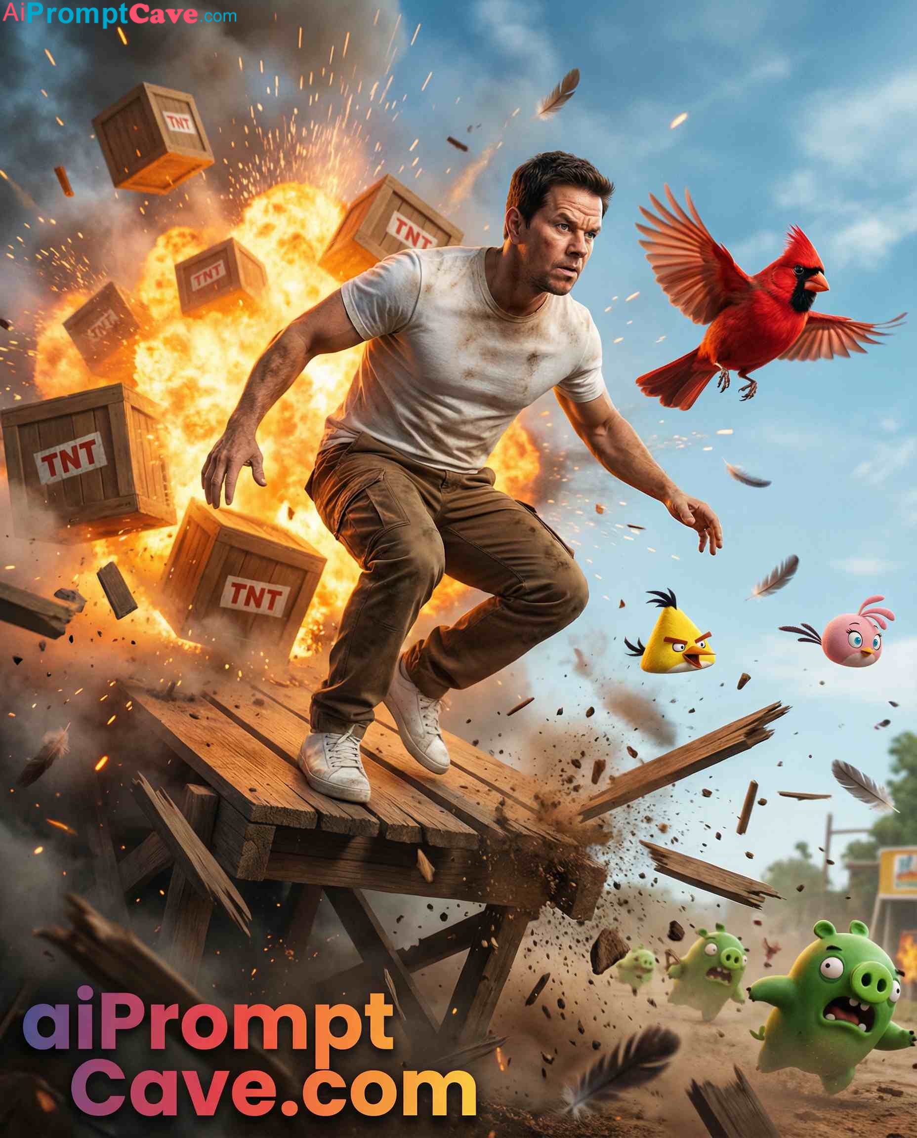 How to Design Angry Birds Escape Man Cinematic Explosion Action Scene - Free Ai Prompt