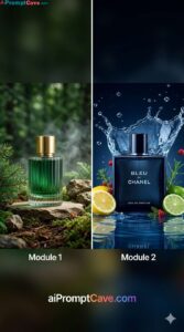 How to Design Luxury Perfume Ads Forest & Water Splash - Free Ai Prompt