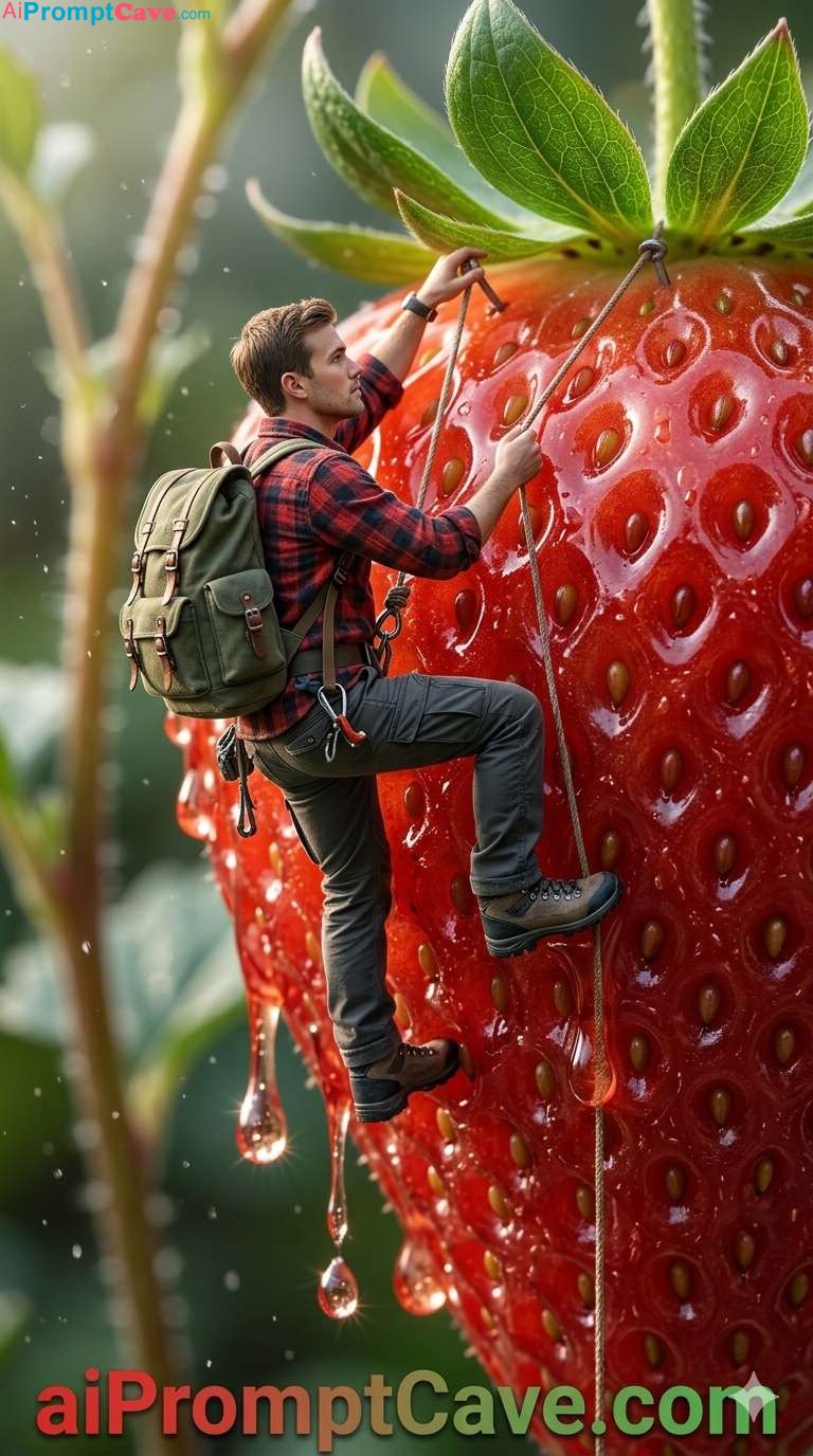 How to Turn your Photo into Tiny Climber on Giant Strawberry - Free Ai Prompt