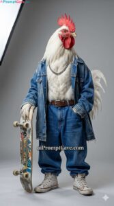Hyper-Realistic Skater Rooster Fashion Editorial Concept - Free Ai Prompt