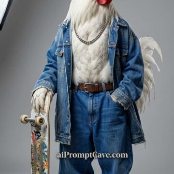 Hyper-Realistic Skater Rooster Fashion Editorial Concept - Free Ai Prompt