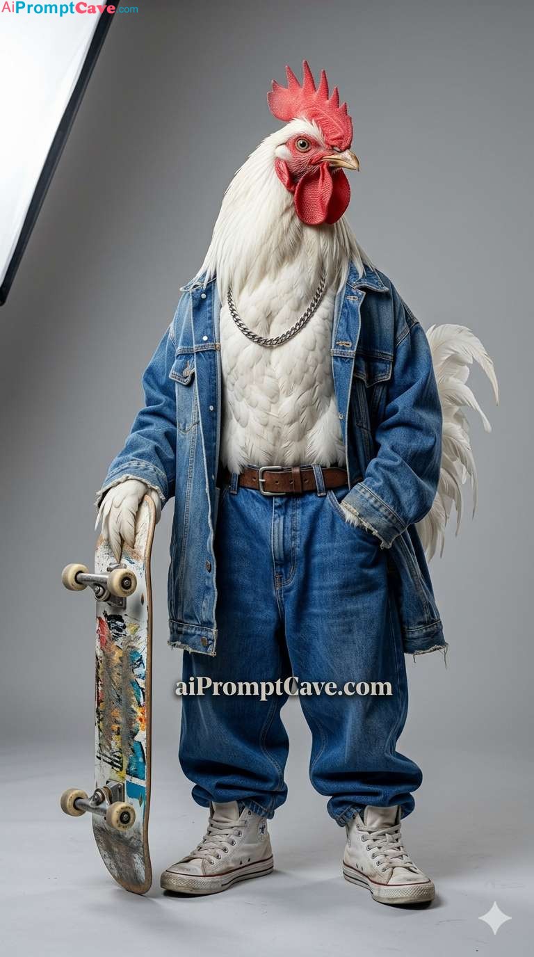 Hyper-Realistic Skater Rooster Fashion Editorial Concept - Free Ai Prompt