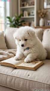 Hyperrealistic Cute Chubby White Puppy Reading Book on Sofa Scene - Free Ai Image Prompt
