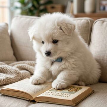 Hyperrealistic Cute Chubby White Puppy Reading Book on Sofa Scene - Free Ai Image Prompt