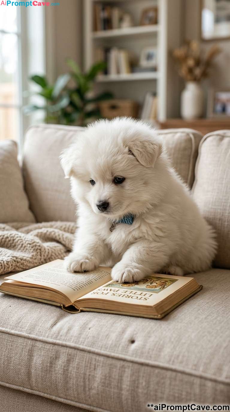 Hyperrealistic Cute Chubby White Puppy Reading Book on Sofa Scene - Free Ai Image Prompt