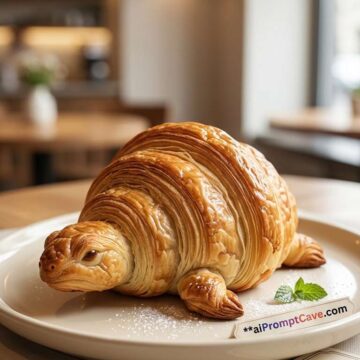 Hyperrealistic Turtle-Shaped Croissant Café Scene Concept - Free Ai Image Prompt