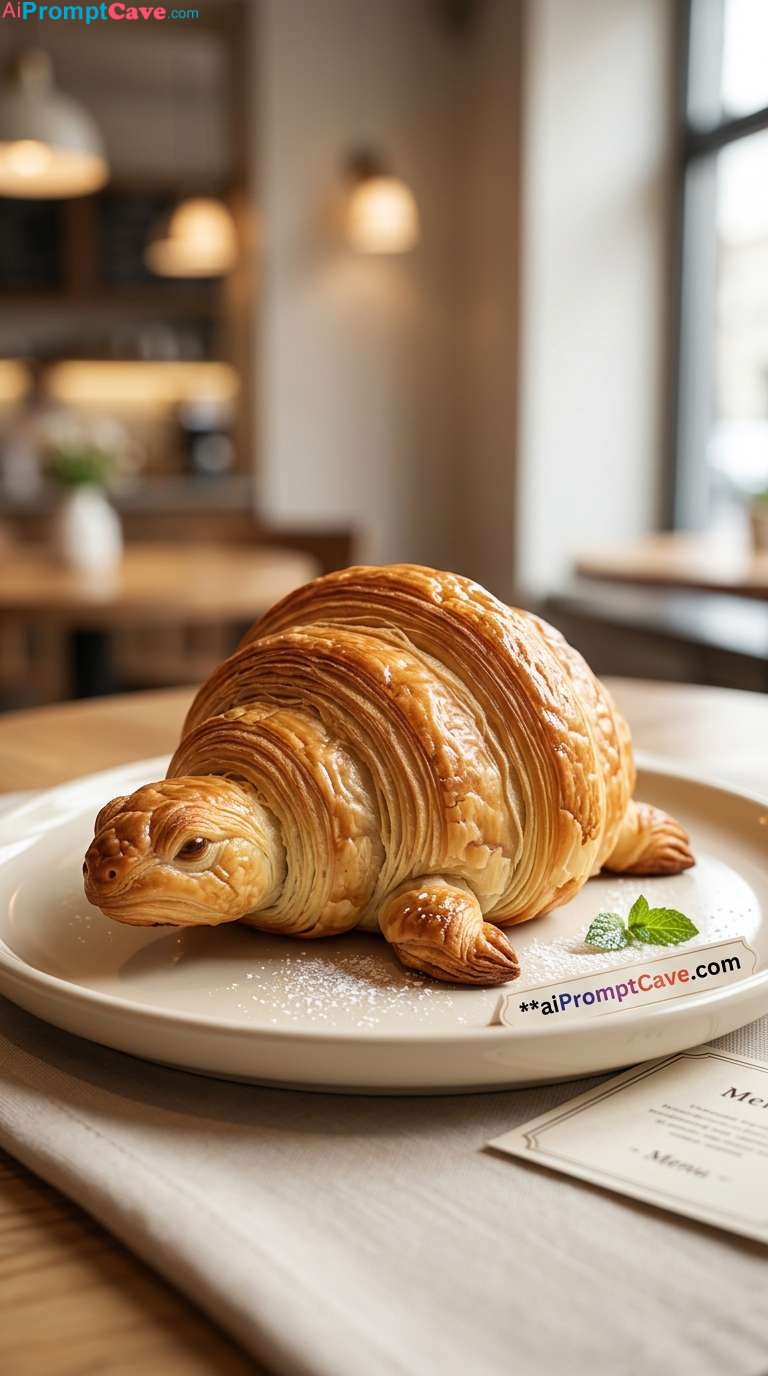 Hyperrealistic Turtle-Shaped Croissant Café Scene Concept - Free Ai Image Prompt