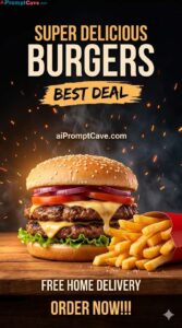 Juicy Cheeseburger Fast Food Ad Poster Cinematic Burger Promo Design - Free Ai Image Prompt