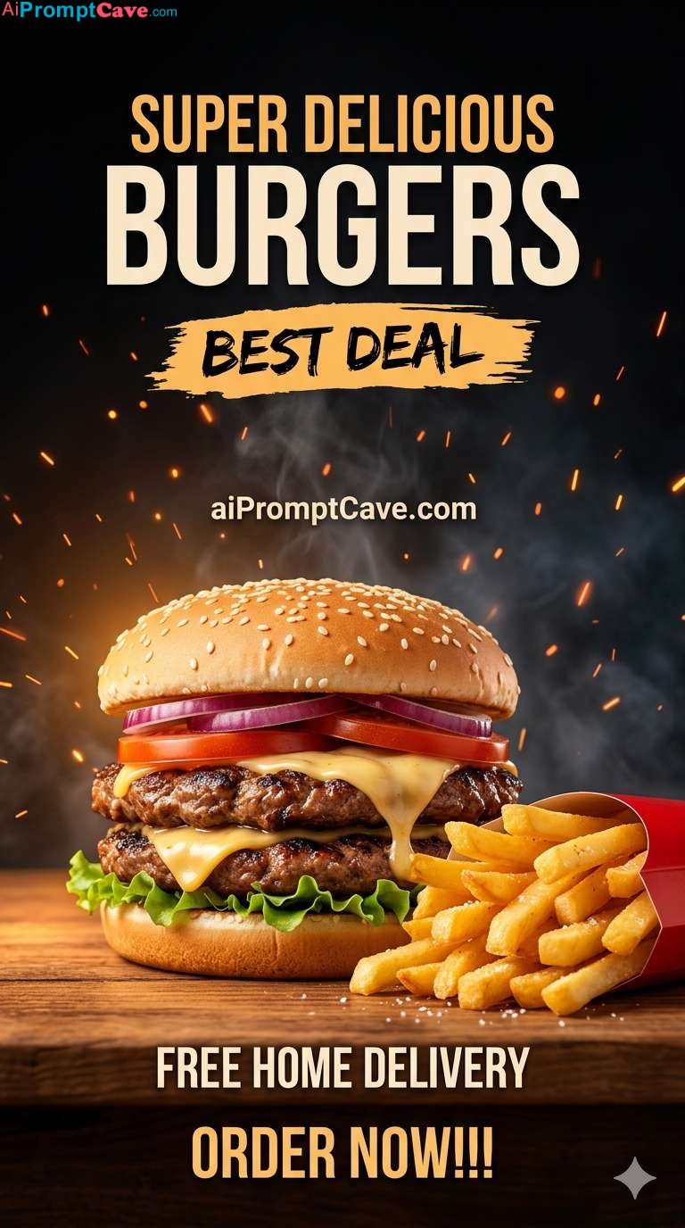 Juicy Cheeseburger Fast Food Ad Poster Cinematic Burger Promo Design - Free Ai Image Prompt