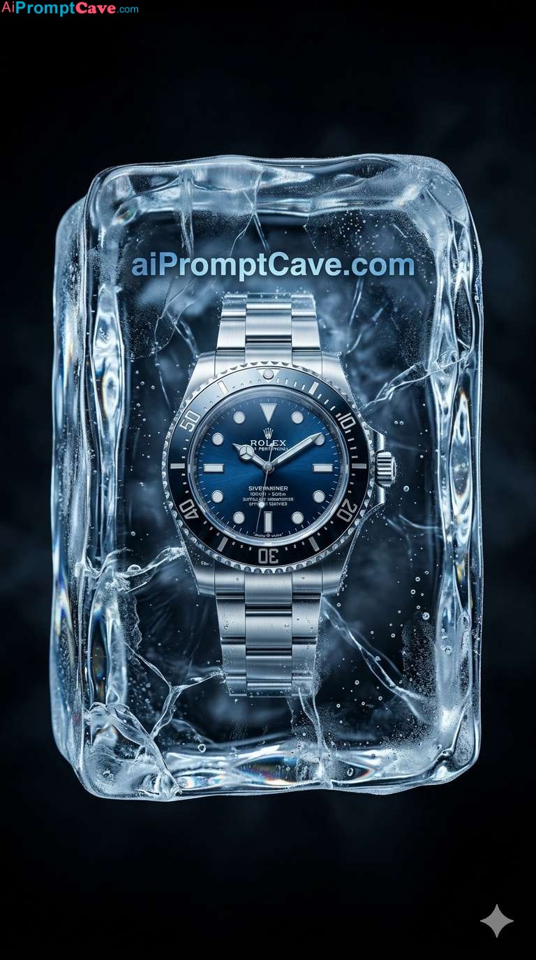 Luxury Diver Watch Frozen in Ice Cinematic 8K Product Shot - Free Ai Image Prompt