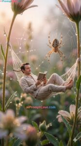 Man Relaxing in Spider Silk Hammock with Dew Drops in Dreamy Macro - Free Ai Prompt