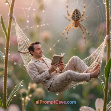 Man Relaxing in Spider Silk Hammock with Dew Drops in Dreamy Macro - Free Ai Prompt