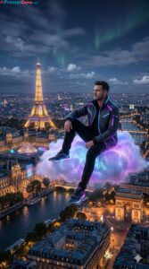 Man on Magic Cloud Above Paris Cinematic Fantasy - Free Ai Prompt