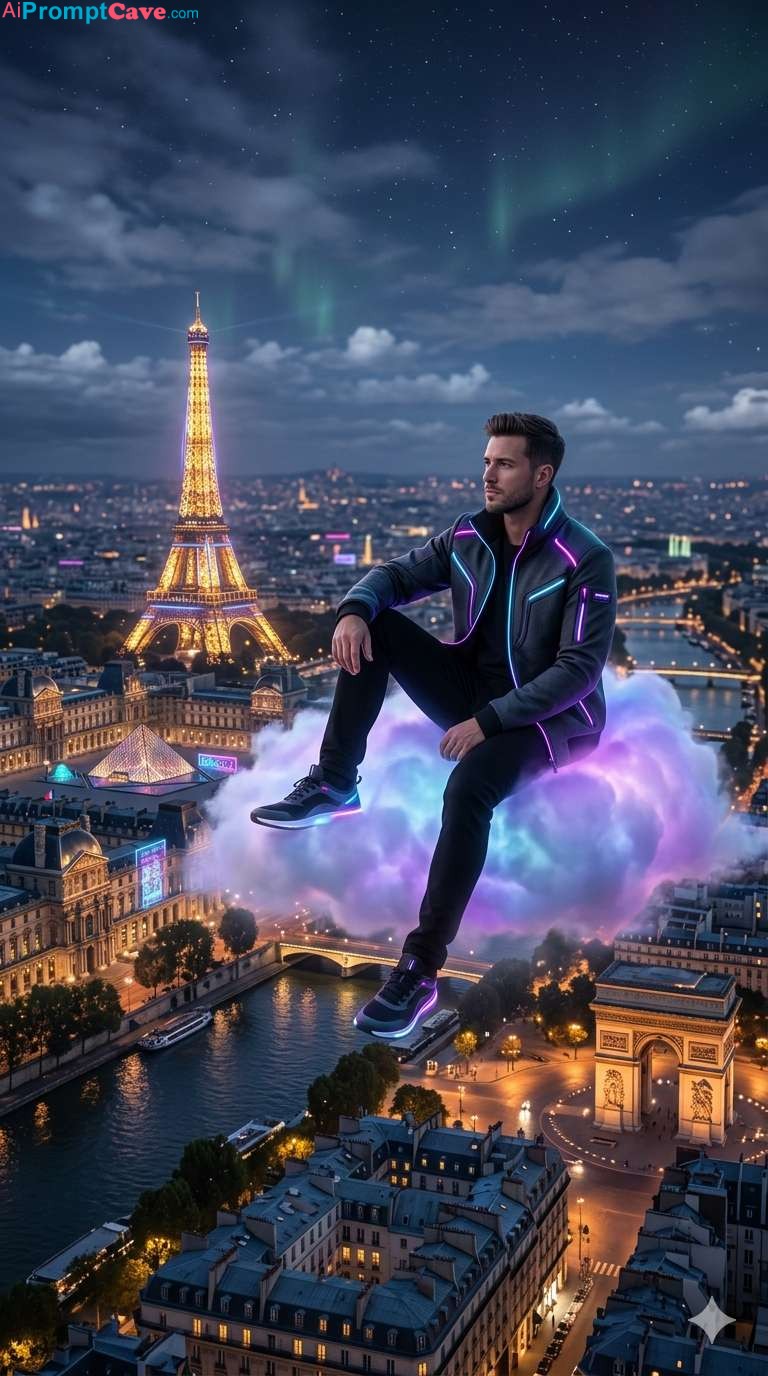 Man on Magic Cloud Above Paris Cinematic Fantasy - Free Ai Prompt