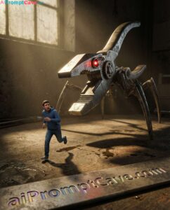 Miniature Chase Scene Prompt with Giant Mechanical Predator - Free Ai Prompt Miniature Chase Scene Prompt with Giant Mechanical Predator - Free Ai Prompt