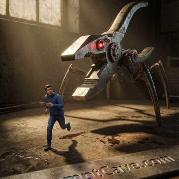 Miniature Chase Scene Prompt with Giant Mechanical Predator - Free Ai Prompt