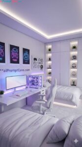 Minimalist White Gaming Bedroom Neon LED Setup Cinematic Interior Design - Free Ai Image Prompt