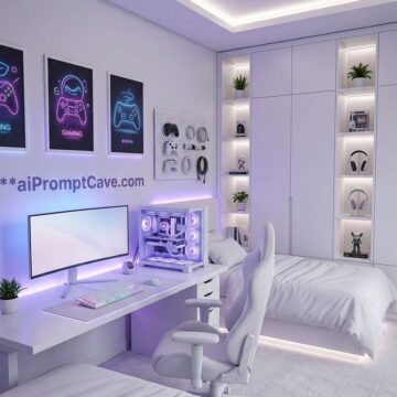 Minimalist White Gaming Bedroom Neon LED Setup Cinematic Interior Design - Free Ai Image Prompt